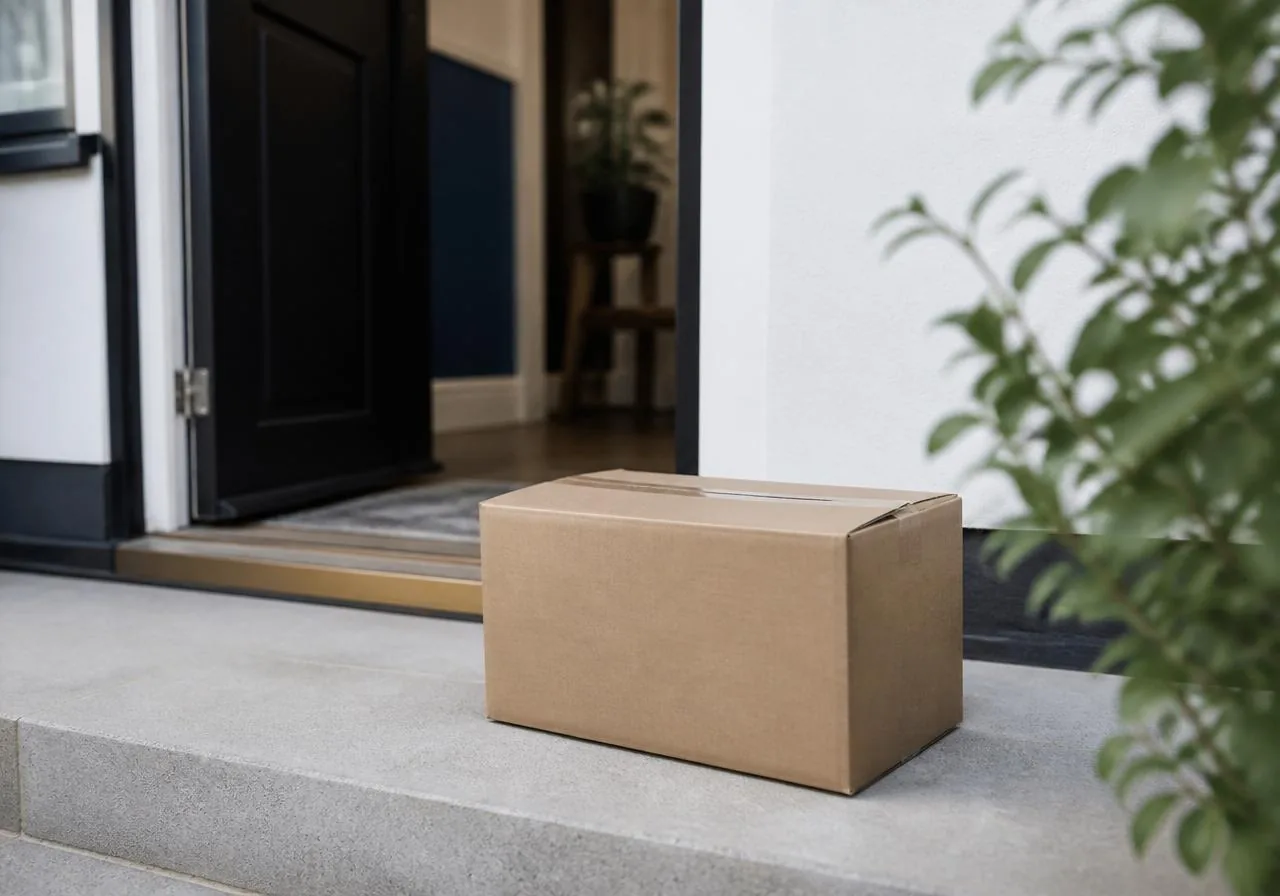 Diskretes Paket, das an einer Haustür in Österreich zugestellt wird